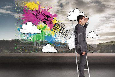 Composite image of businessman standing on ladder