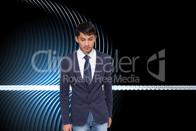 Composite image of unsmiling casual businessman walking