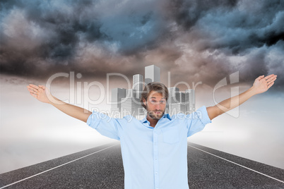 Composite image of handsome man raising hands