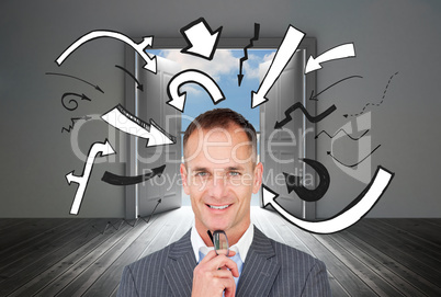 Composite image of smiling businessman holding glasses