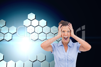 Composite image of stressed businessswoman with hand on her head