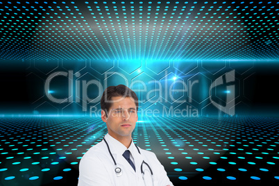 Composite image of serious doctor with arms crossed