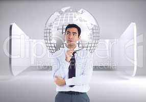 Composite image of thinking businessman holding glasses