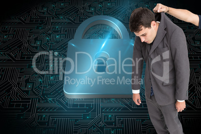 Composite image of businessman hanging