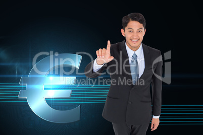 Composite image of smiling asian businessman pointing