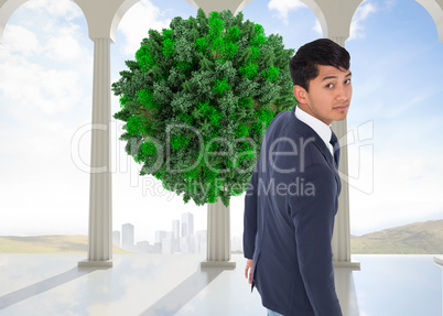 Composite image of unsmiling casual businessman walking