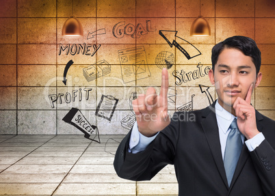 Composite image of thoughtful asian businessman pointing