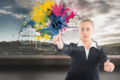 Composite image of businesswoman pointing somewhere