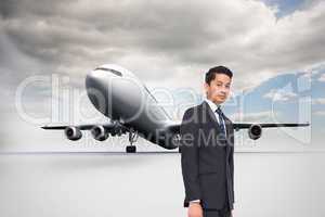 Composite image of frowning businessman looking at camera