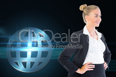 Composite image of businesswoman standing with hands on hips