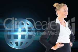 Composite image of businesswoman standing with hands on hips