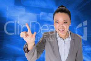 Composite image of smiling asian businesswoman pointing