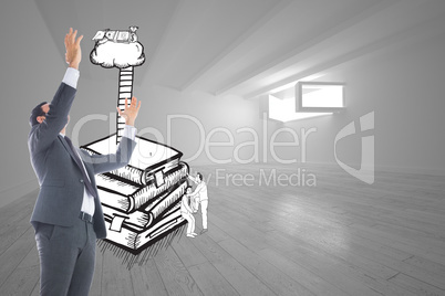 Composite image of businessman with arms raised