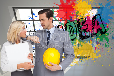 Composite image of architects with plans and hard hat looking at