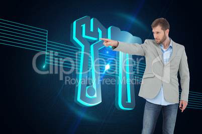 Composite image of trendy model pointing to something