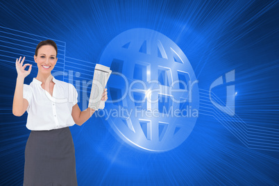 Composite image of stylish businesswoman making gesture while ho