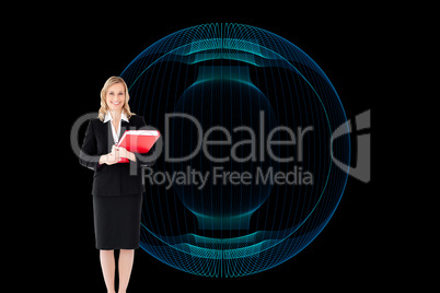 Composite image of businesswoman smiling and holding folders