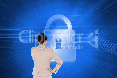 Composite image of asian businesswoman pointing