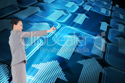 Composite image of smiling asian businesswoman pointing