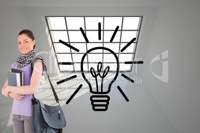 Composite image of attractive student holding books and her bag