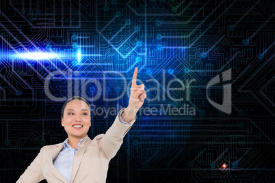 Composite image of smiling asian businesswoman pointing