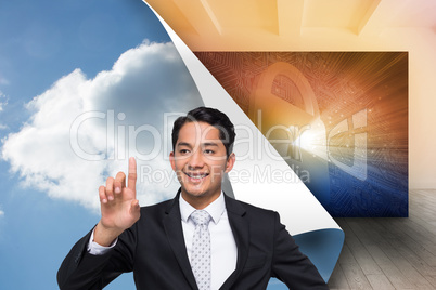 Composite image of smiling asian businessman pointing Composite image of smiling asian businessman pointing