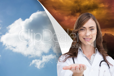 Composite image of portrait of female nurse holding out open pal