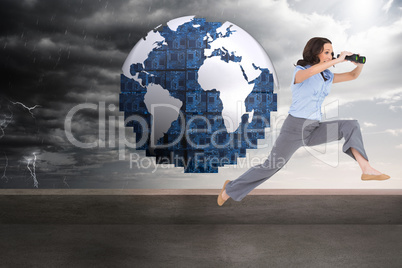 Composite image of cheerful classy businesswoman jumping while h