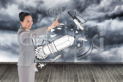 Composite image of smiling asian businesswoman pointing