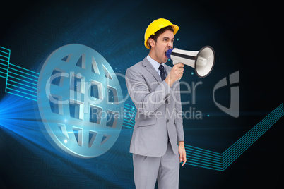 Composite image of young architect yelling with a megaphone