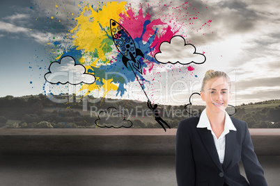 Composite image of young businesswoman sitting on ground