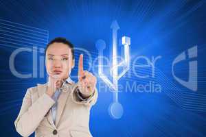 Composite image of thoughtful asian businesswoman pointing