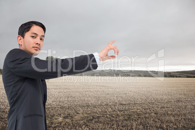 Composite image of serious asian businessman pointing