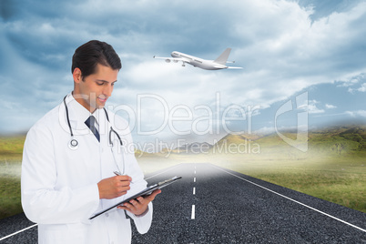 Composite image of smiling doctor holding pen and clipboard