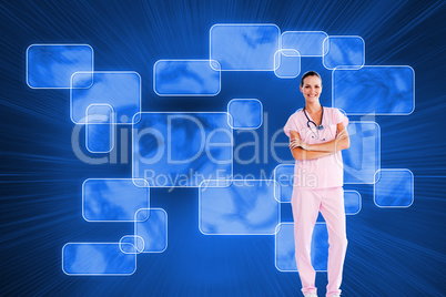 Composite image of beautiful nurse standing in front of the came