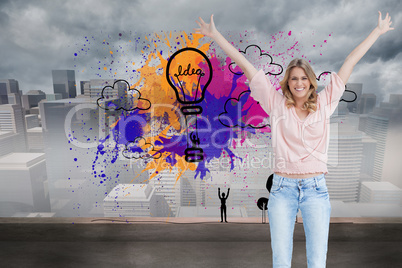 Composite image of full length shot of a smiling woman with her Composite image of full length shot of a smiling woman with her