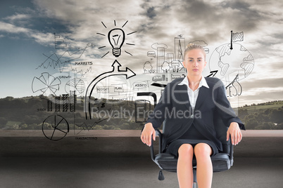 Composite image of businesswoman sitting on swivel chair in blac