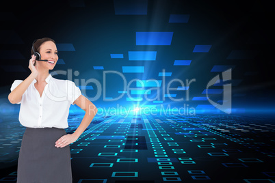 Composite image of cheerful smart call center agent working