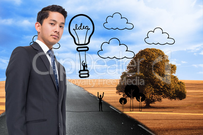 Composite image of hot balloon graphic on scenery with street