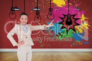 Composite image of smiling asian businesswoman pointing