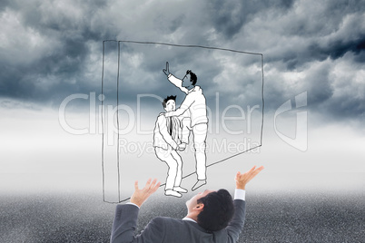 Composite image of businessman with arms raised