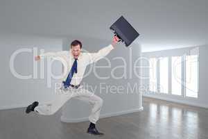 Composite image of cheerful jumping businessman with his suitcas