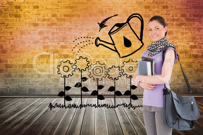 Composite image of attractive student holding books and her bag