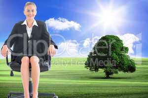 Composite image of businesswoman sitting on swivel chair in blac