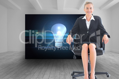 Composite image of businesswoman sitting on swivel chair in blac