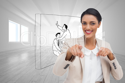 Composite image of smiling businesswoman pointing at the camera