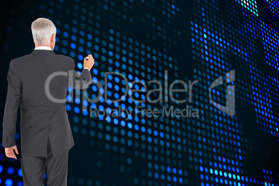 Composite image of rear view of businessman standing and writing