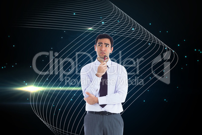 Composite image of thinking businessman holding glasses