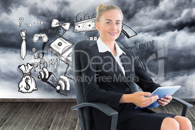 Composite image of businesswoman sitting on swivel chair with ta