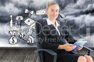 Composite image of businesswoman sitting on swivel chair with ta